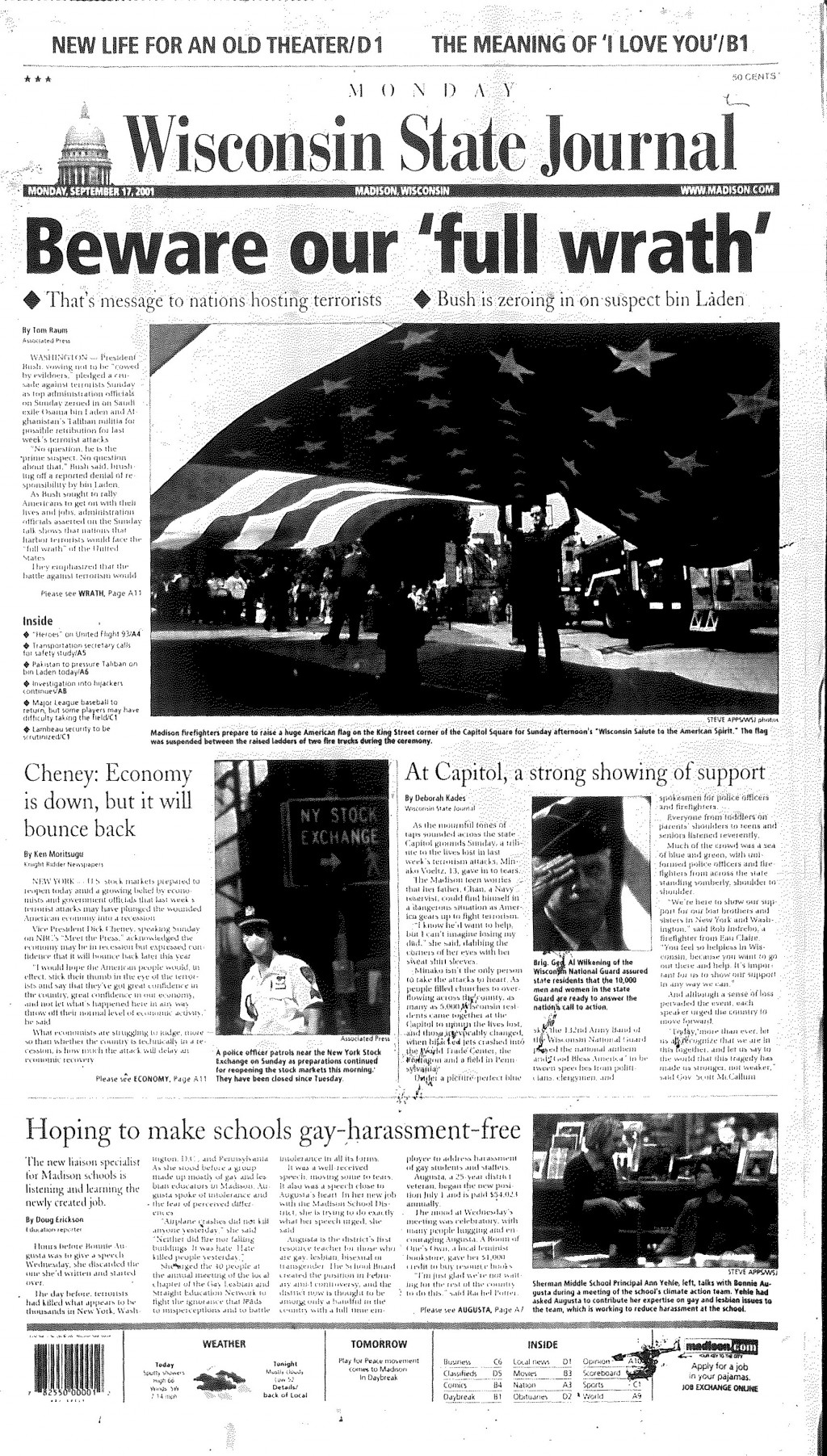 Wisconsin State Journal front page from Sept. 17, 2001